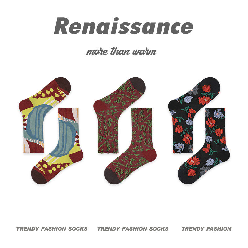 Vintage Renaissance Women’s/Kids’ Thermal Socks - Retro Combed Cotton, Fall-Winter Trendy Design-3PRS