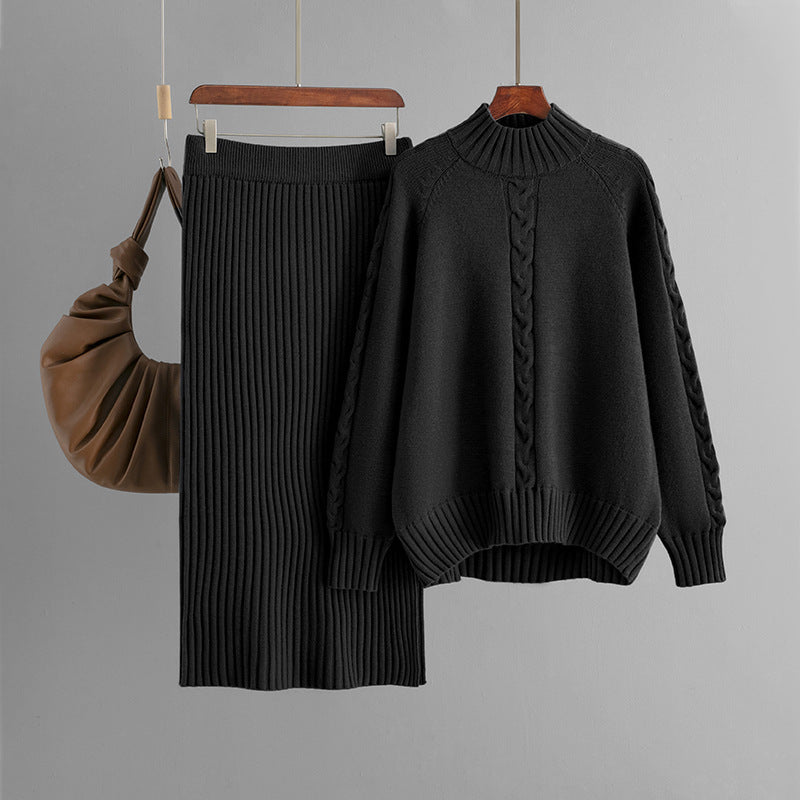 Winter New Sweater Women's Loose Knitted Semi-turtleneck Long-sleeved Threaded Fashion Skirt Set