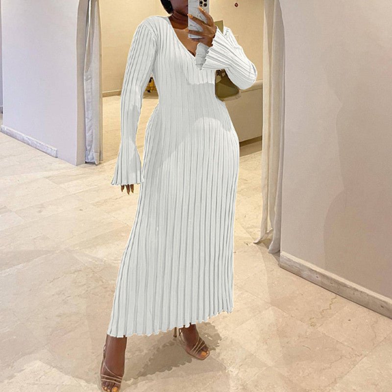 Autumn and Winter New Knitted Dress Casual Waist V-neck Large Pit Strip Thin Knitted Dress Women