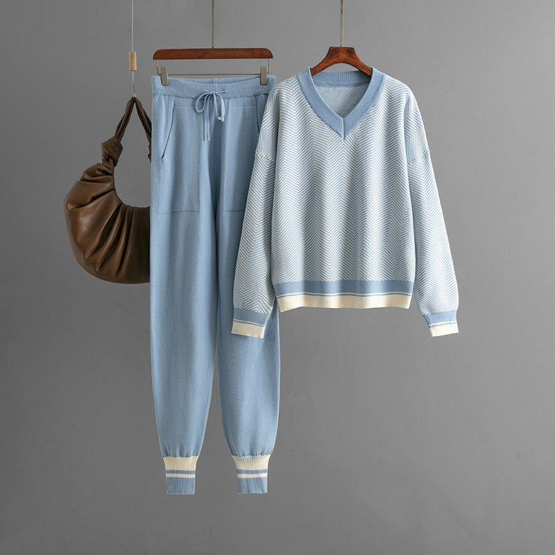 Autumn and winter new sweater set knitted striped V-neck large size loose long-sleeved commuter two-piece set