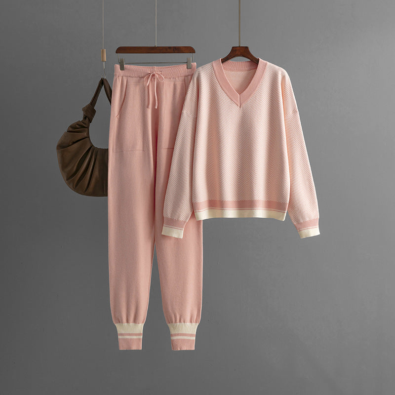 Autumn and winter new sweater set knitted striped V-neck large size loose long-sleeved commuter two-piece set