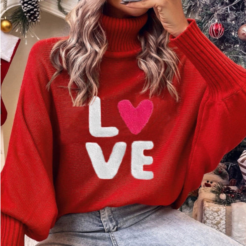 Christmas Turtleneck Sweater Women's Clothing Amazon Autumn and Winter Loose Bat Sleeves Outer Wear Knitted Top Women