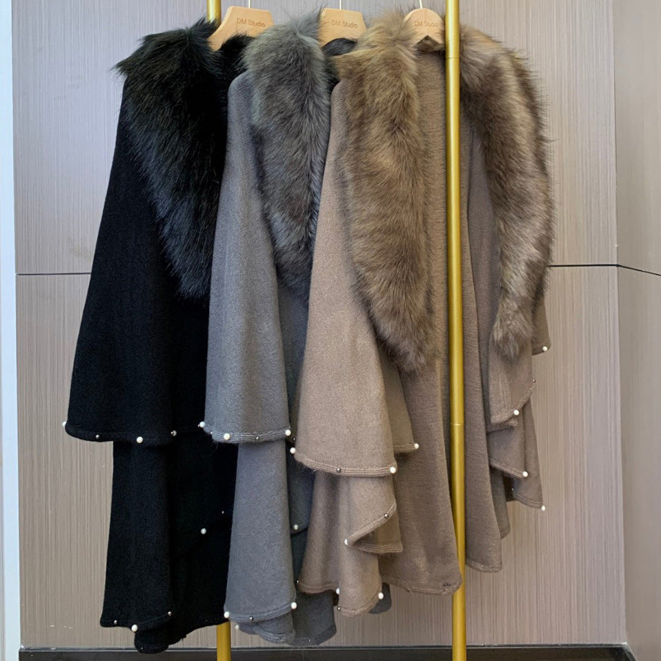 New Imitation Fox Fur Collar Hem Bead Knitted Shawl Cape Large Size Cardigan Loose Coat Women