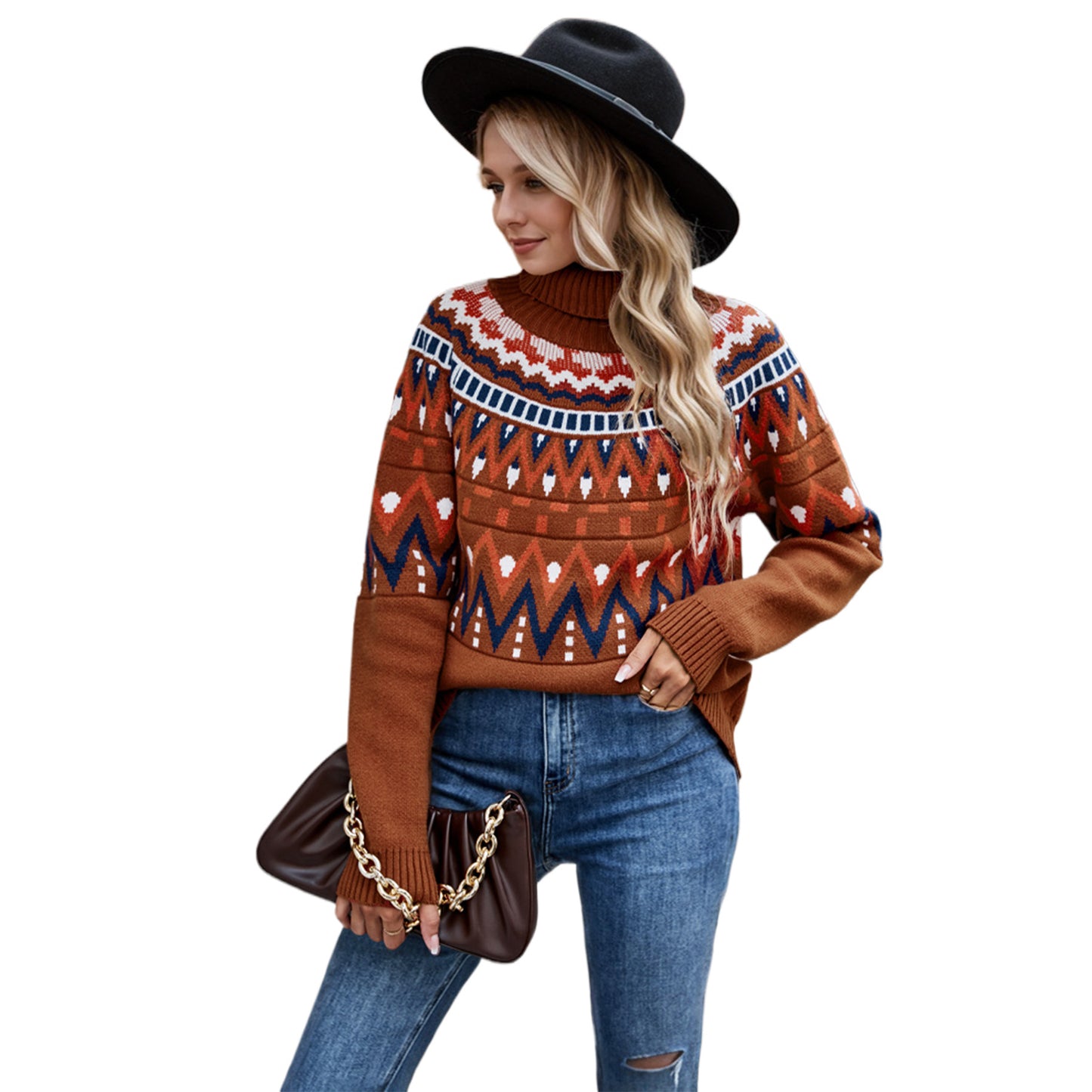 Winter New Women's Clothing Retro Striped Splicing Contrasting Sweater High Neck Loose Knitted Sweater
