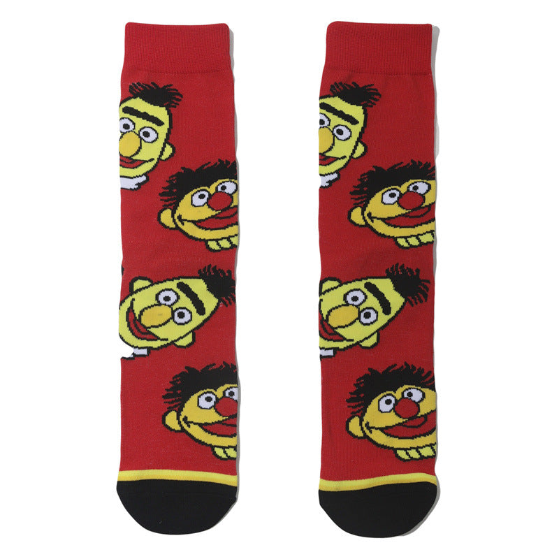 Wholesale Men's Cartoon Socks Cotton Medium Tube Tide Socks Sesame Street Cute Women Ins Socks-5PRS