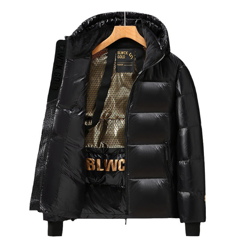 Winter New Black and Gold Winter Clothes Short Thickened Hooded Simple Glossy Coat for Men and Women