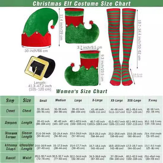 Women's Christmas Elf Costume Set Velvet Dress Belt Striped Over Knee Stockings Elf Hat Character