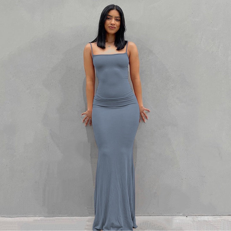 2025 Solid Color Women's Dress Slim Peach Hip Suspender Long Fishtail Skirt