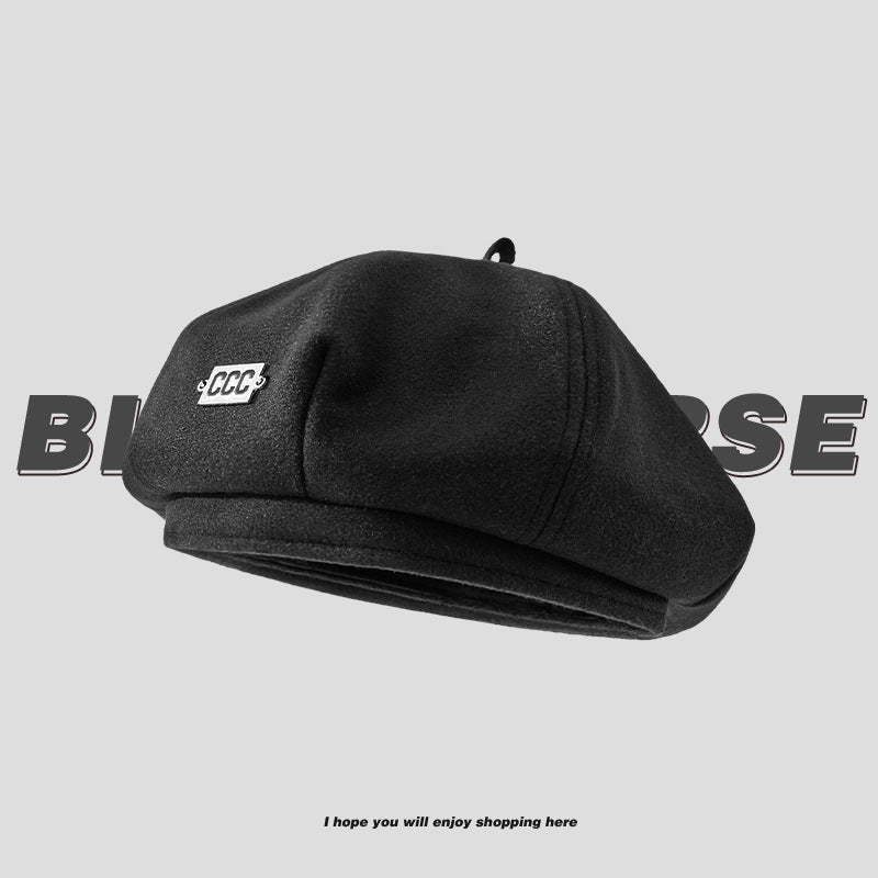 Autumn and Winter New Metal Standard Beret Children Big Head Circumference Show Face Small Reverse Wear Woolen Forward Hat