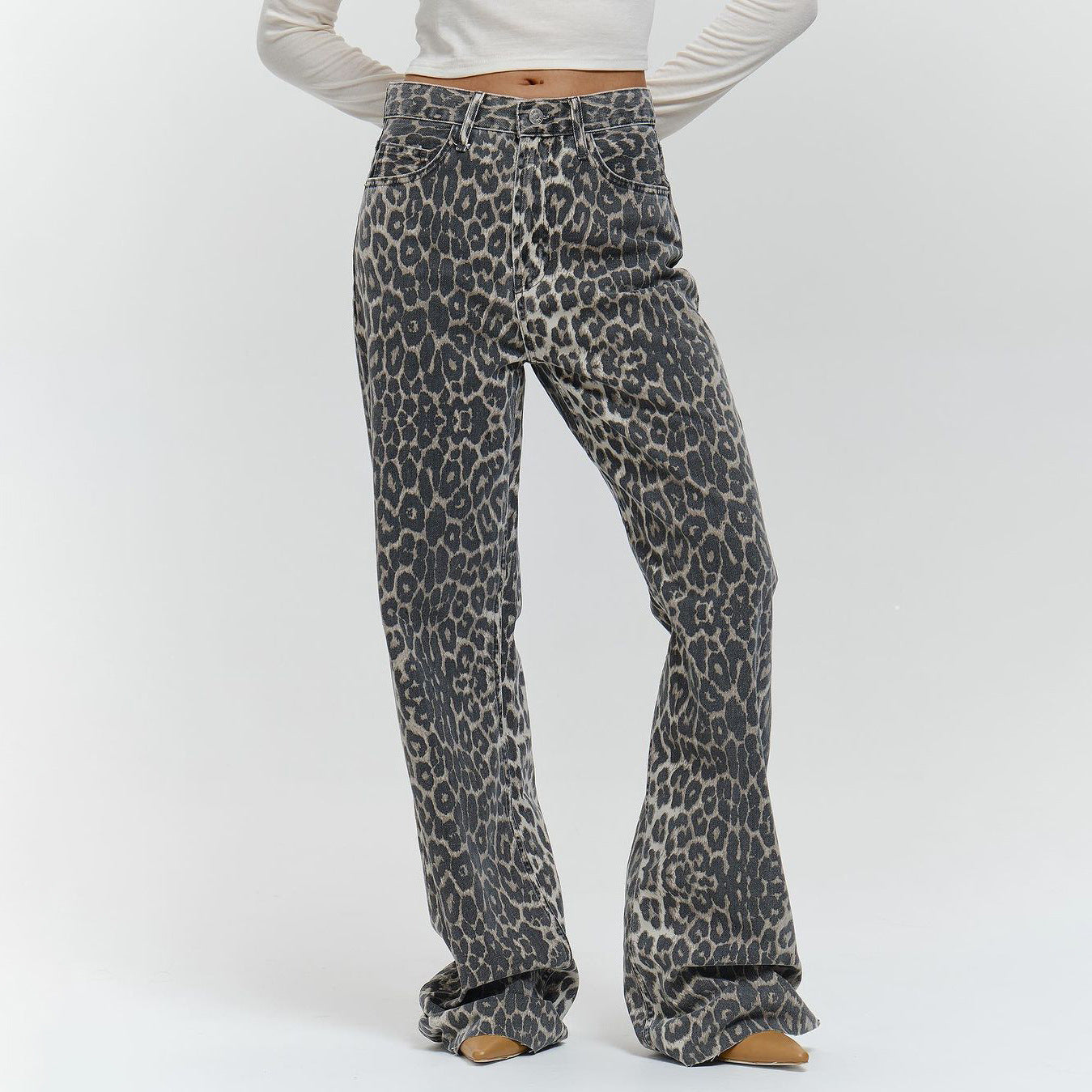 Women's Wide-leg Leopard Print Jeans Spring Summer Slim Straight Trousers Spice Girl Fashion Versatile Design