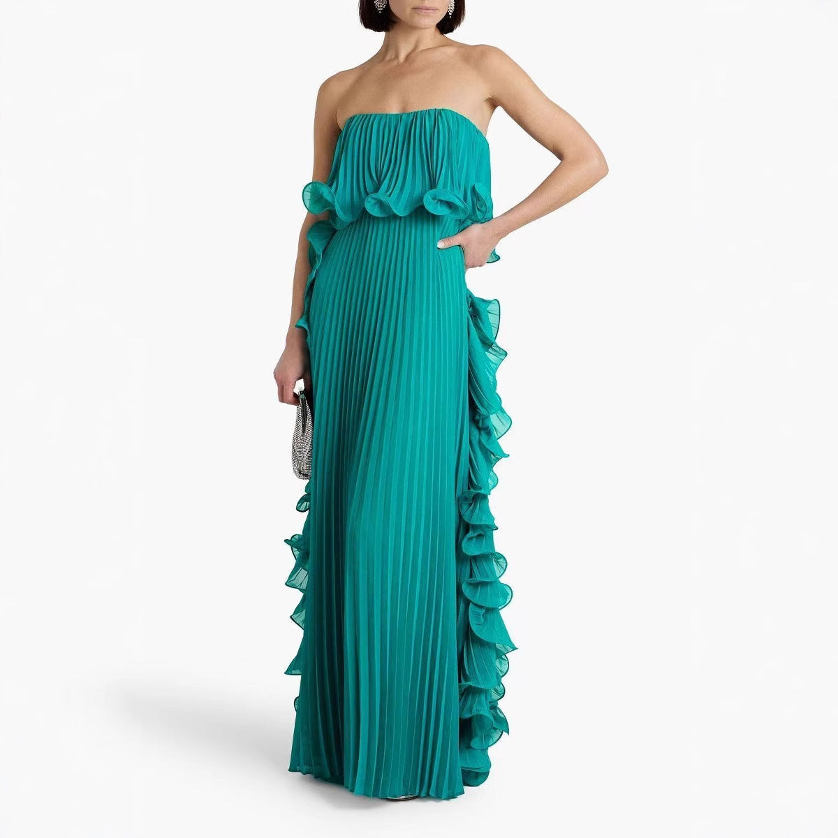 Vintage Ruffle Maxi Skirt: Fringe Hem & Draped Bust with Floor-Length Elegance for Weddings/Events