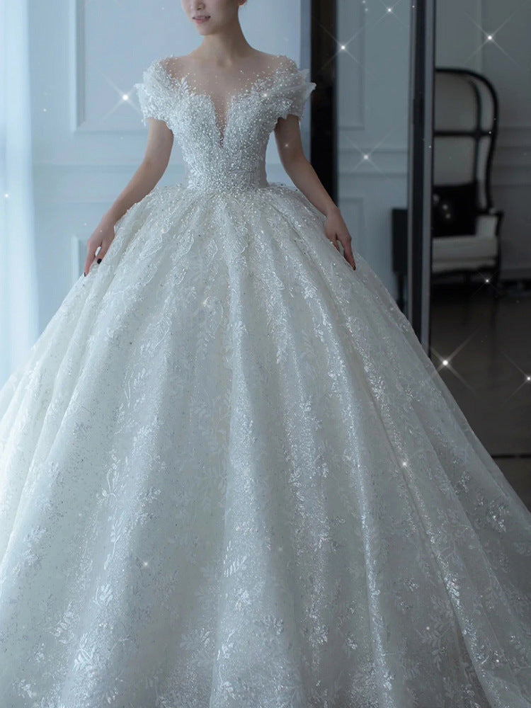 Empire Waist Maternity Wedding Gown | Bump-Friendly Princess Cut & Royal Train | Regal French Alençon Lace Dress