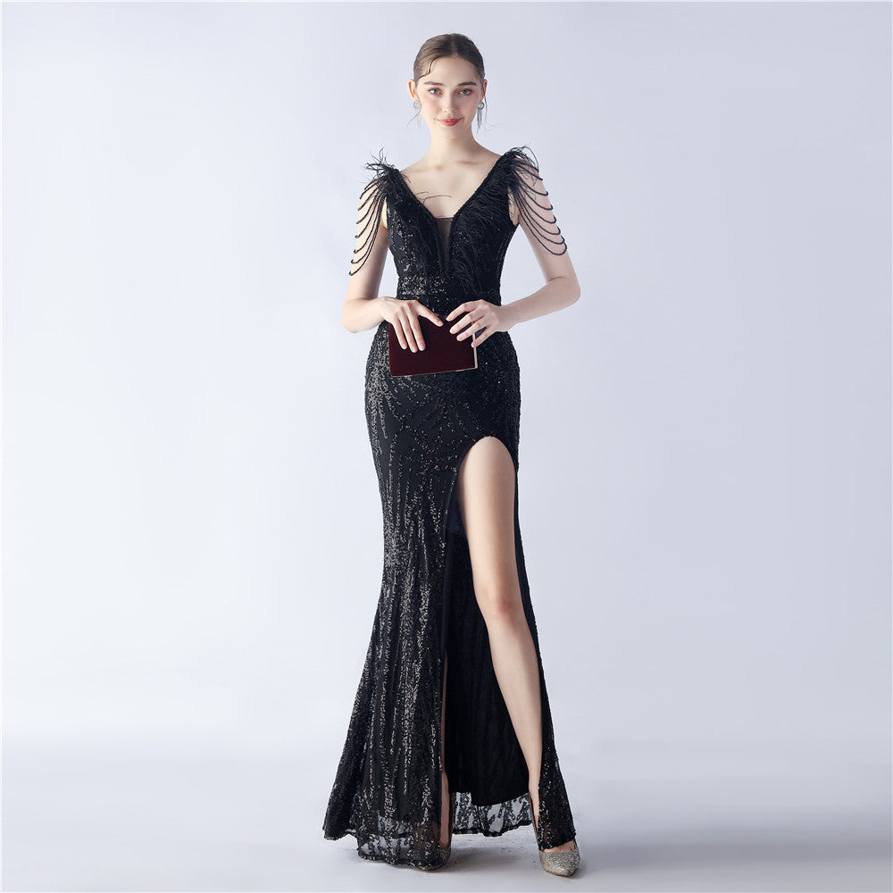 Luxe Feather & Sequin Maxi Gown | Heavy Beadwork