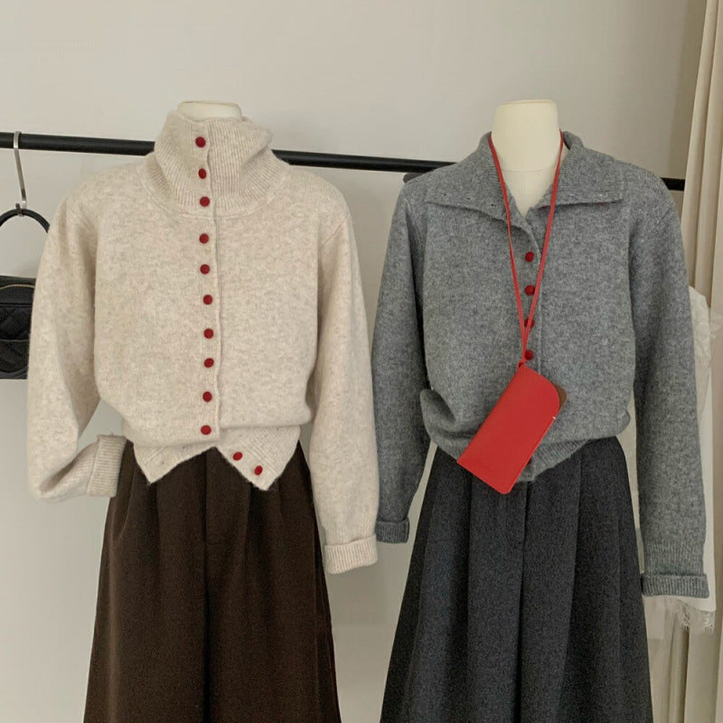 Casual Turtleneck Bag Buckle Sweater Cardigan Women's Autumn and Winter New Lazy Wind Knitted Outer Women's