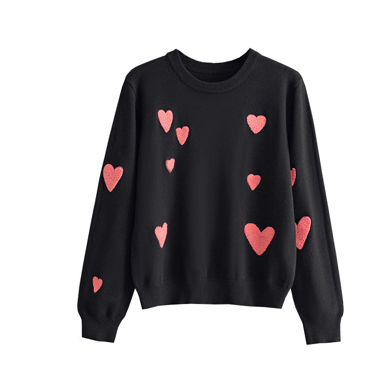 2024 autumn and winter new love flocking embroidery round neck long sleeve knitted sweater pullover bottoming shirt top women