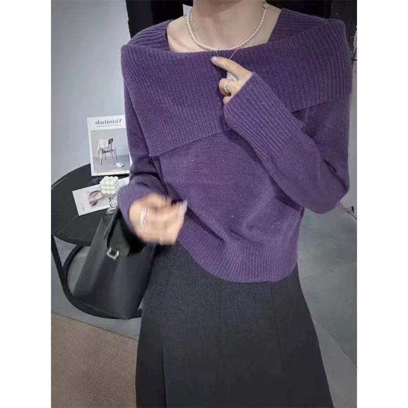 Irregular One-word Shoulder Knitted Bottoming Shirt for Women's Autumn and Winter Inner Sweater Long-sleeved Top for Women