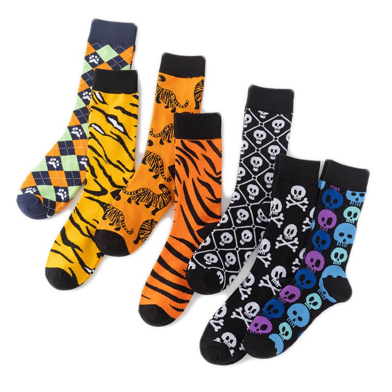 Casual Four-season Socks Men's Tiger Cartoon Socks Cotton Tube Socks Women's Leopard Print Animal Socks-5PRS