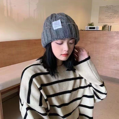 2PCS- Women's Rough Knitted Hat-Autumn and Winter Versatile Big Head Circumference Green Loose Ins Tide Shows Small Face