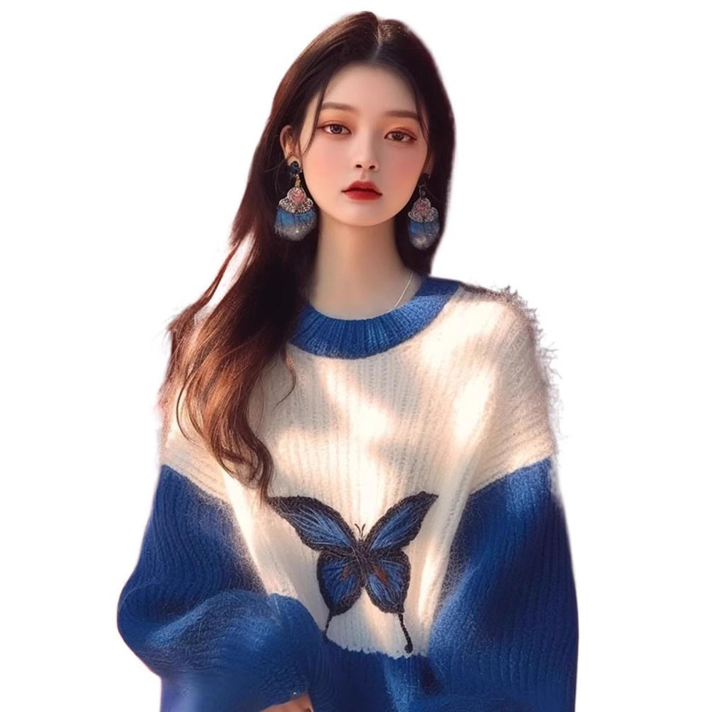 Klein Blue Relief Knit Top: Sculptural Butterfly Print Sweater for Women - Lounge to Gallery Spring Statement Piece