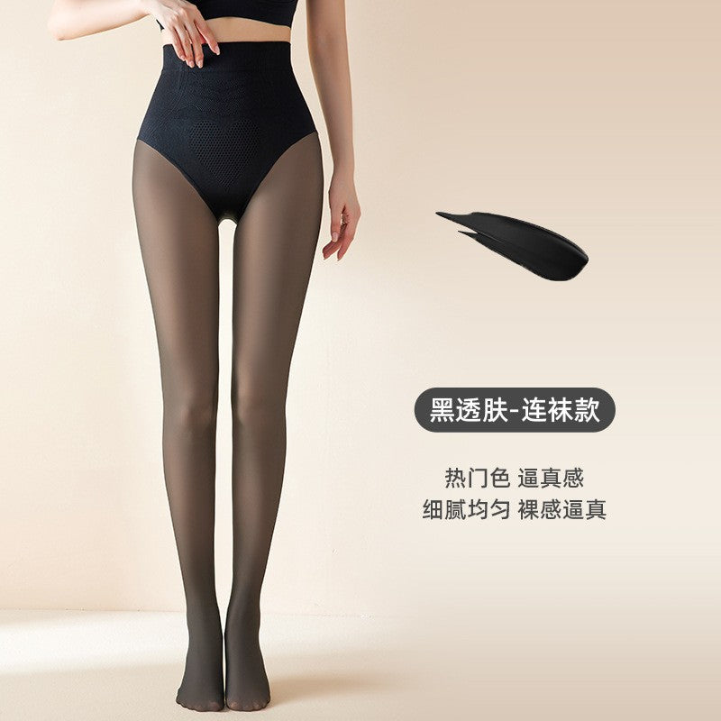 Black Silk Pantyhose Women's Autumn and Winter Velvet Thickened Bare-leg Artifact Fattened and Extended Hip Lift Black Skin-penetrating Water Socks