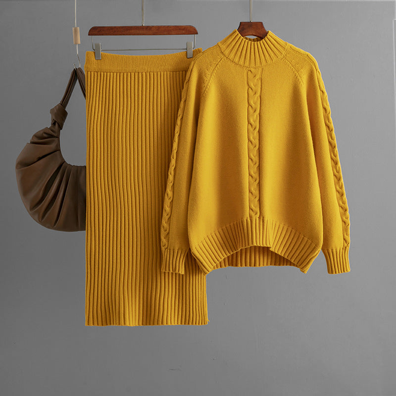 Winter New Sweater Women's Loose Knitted Semi-turtleneck Long-sleeved Threaded Fashion Skirt Set