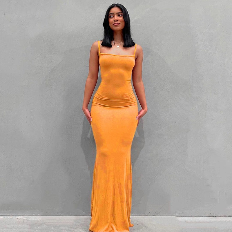 2025 Solid Color Women's Dress Slim Peach Hip Suspender Long Fishtail Skirt