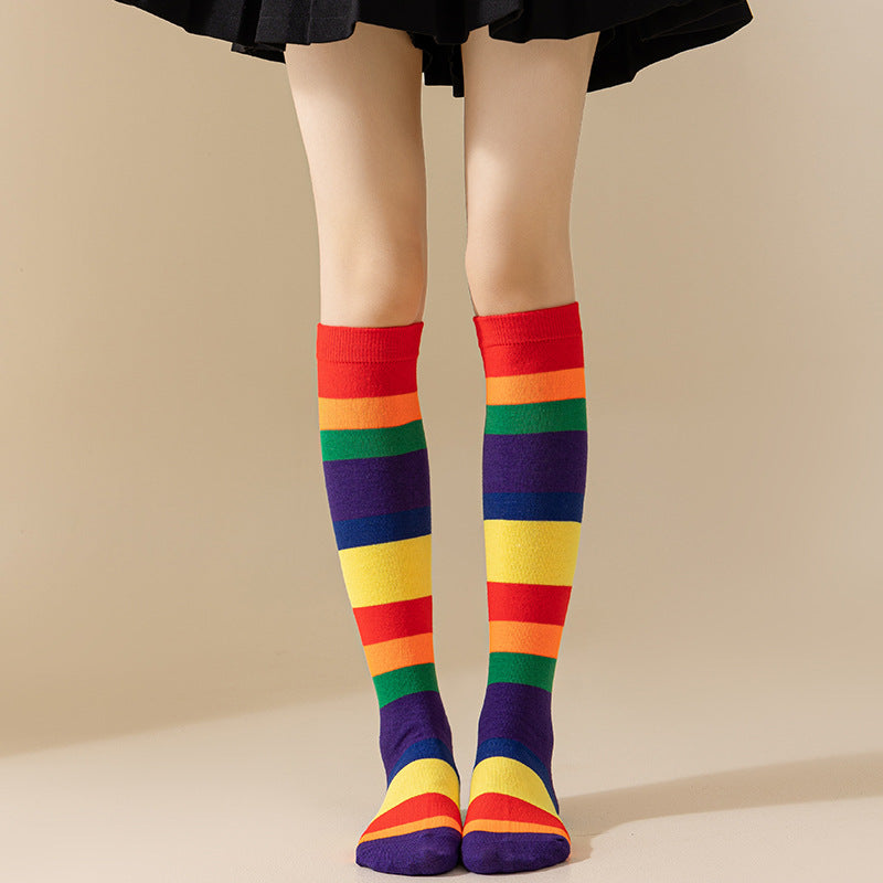 Rainbow Striped European and American Socks Women's Long Tube Party Show Halloween Cosplay Calf Socks