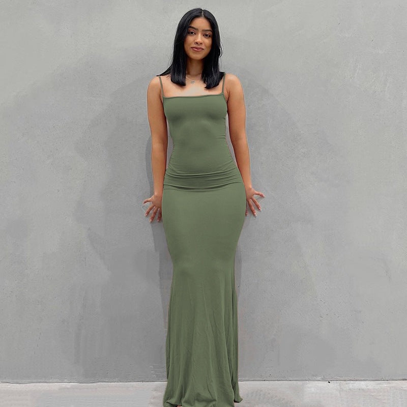 2025 Solid Color Women's Dress Slim Peach Hip Suspender Long Fishtail Skirt