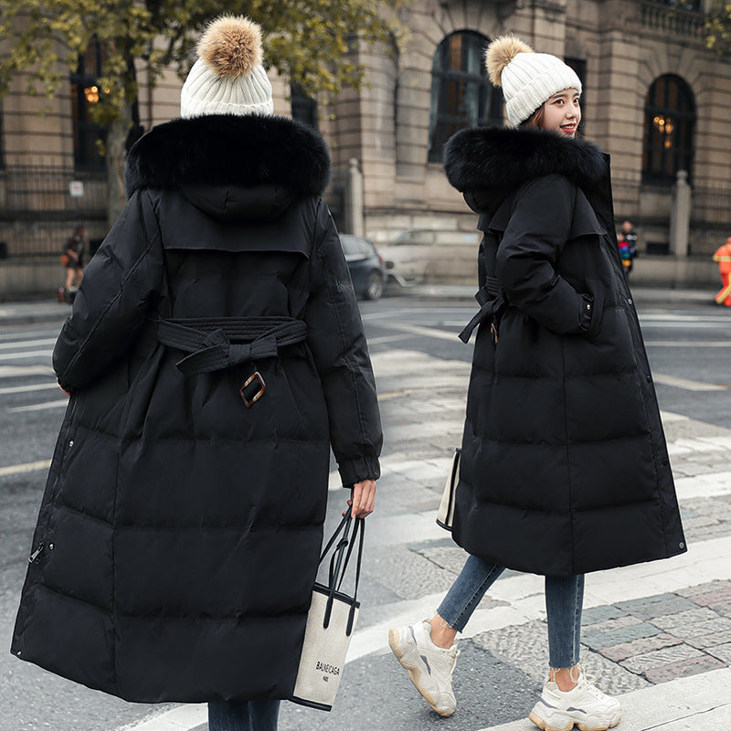 Women's long cotton-padded clothes hooded large sweater collar cotton-padded clothes are fashionable and versatile, simple and detachable fur collar jackets are trendy.