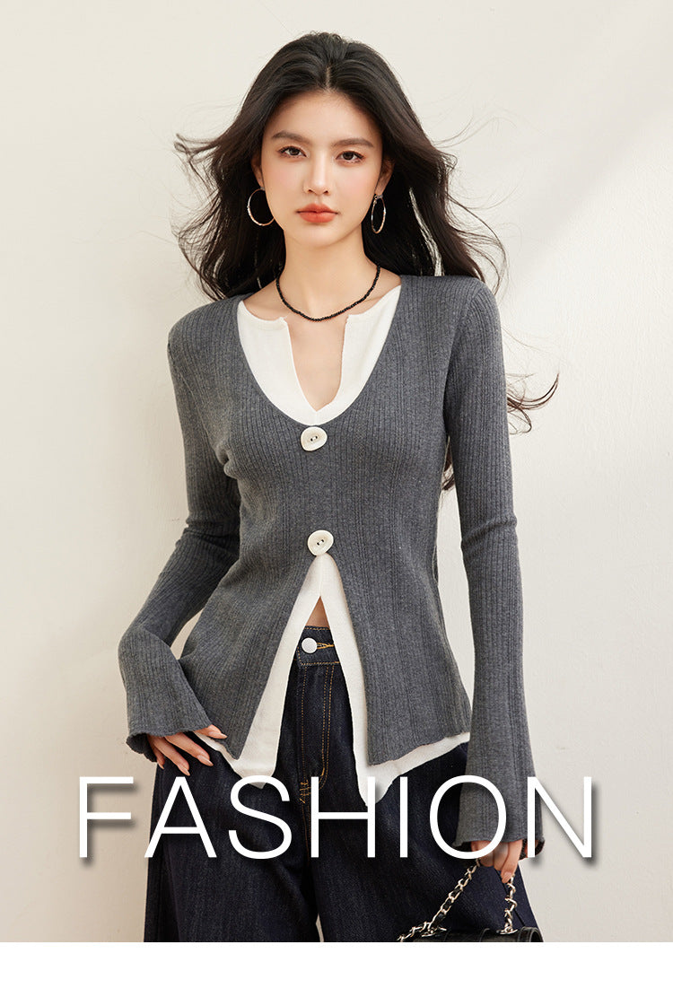 Early Spring New Fake Two Pieces Contrasting Color Design V-neck Irregular Waist Thin Knitted Top Women
