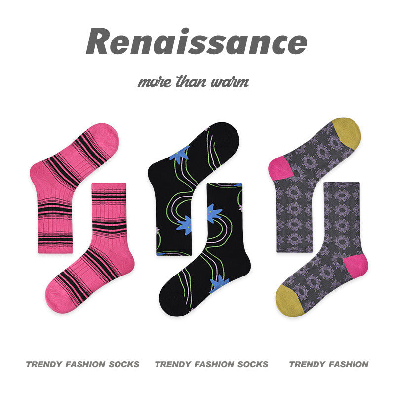 Vintage Renaissance Women’s/Kids’ Thermal Socks - Retro Combed Cotton, Fall-Winter Trendy Design-3PRS