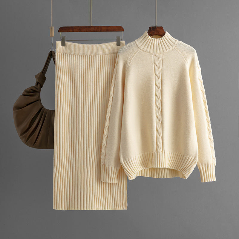 Winter New Sweater Women's Loose Knitted Semi-turtleneck Long-sleeved Threaded Fashion Skirt Set