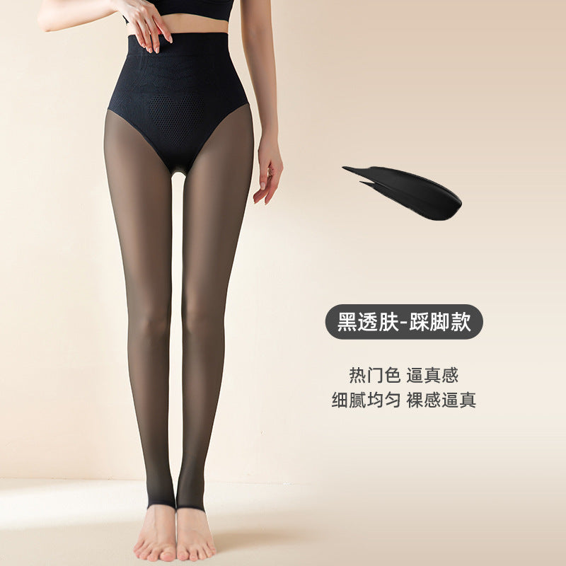 Black Silk Pantyhose Women's Autumn and Winter Velvet Thickened Bare-leg Artifact Fattened and Extended Hip Lift Black Skin-penetrating Water Socks