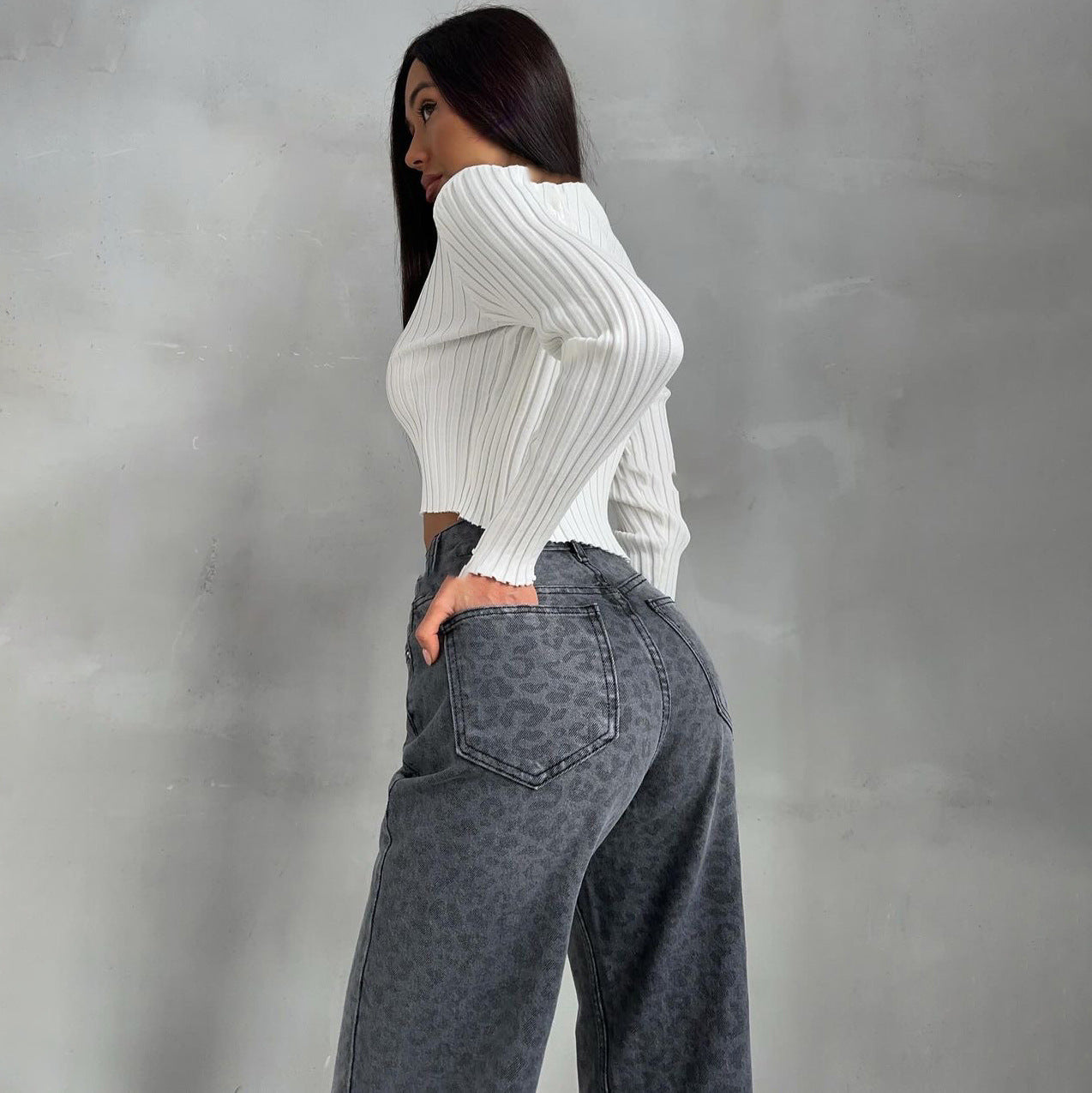 Women's Wide-leg Leopard Print Jeans Spring Summer Slim Straight Trousers Spice Girl Fashion Versatile Design