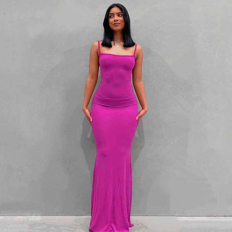 2025 Solid Color Women's Dress Slim Peach Hip Suspender Long Fishtail Skirt