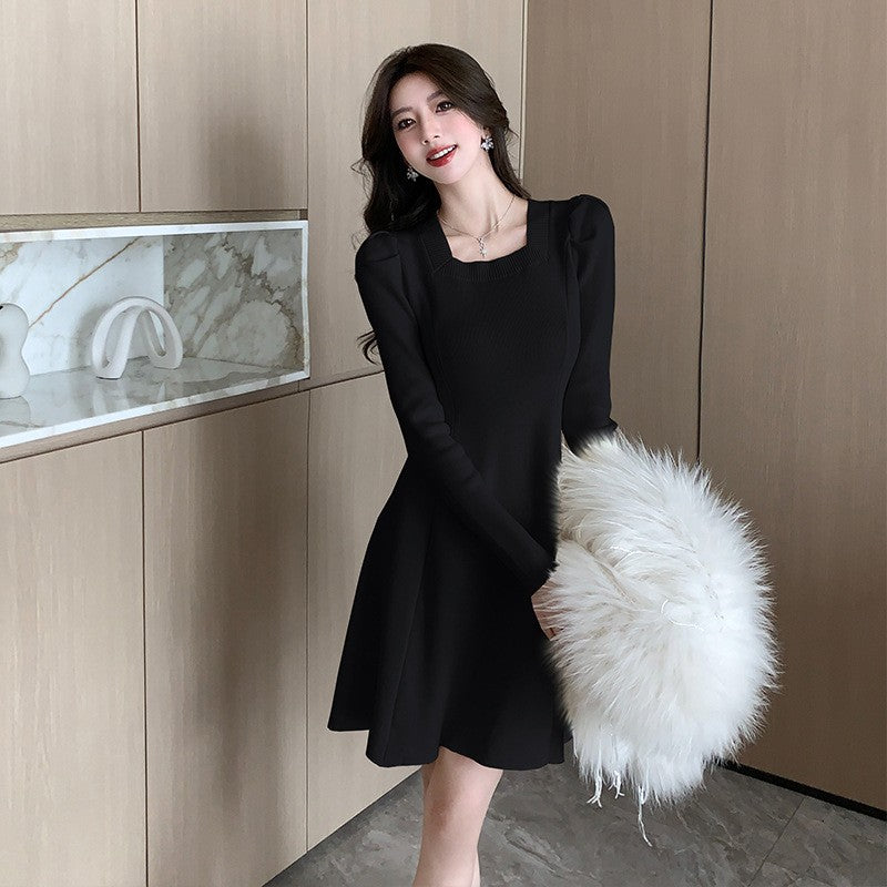 New Small French Square Neck Knitted Dress Women's Waist Bottom with Coat A-word Sweater Skirt Tide