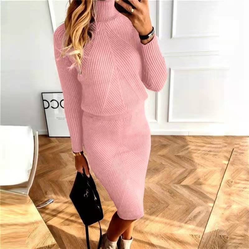 Autumn and Winter New Women's Clothing, European and American Turtleneck Knitted Solid Color Thickened Lapel Pullover Sweater Set