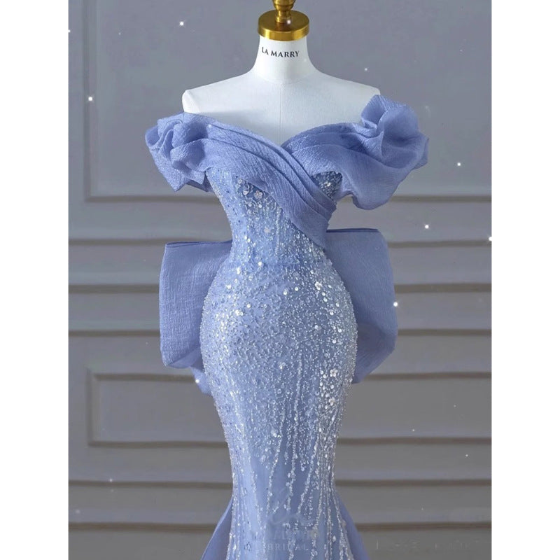 Navy Fishtail Sequin Gown - One-Shoulder Luxe Dress with Sweep Train, Stretch Bodycon for Gala/Prom