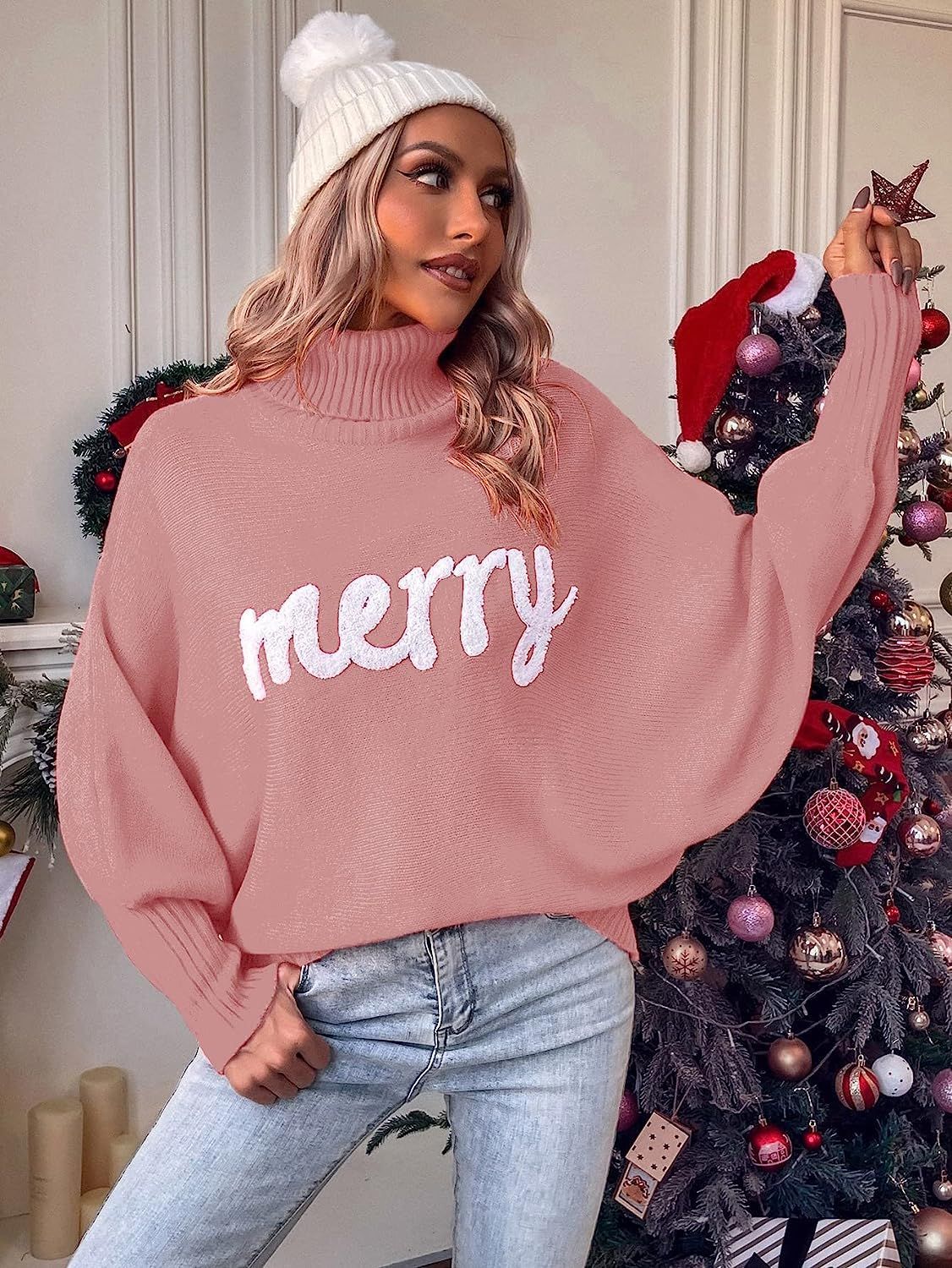 Christmas Turtleneck Sweater Women's Clothing Amazon Autumn and Winter Loose Bat Sleeves Outer Wear Knitted Top Women