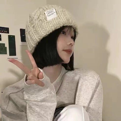 2PCS- Women's Rough Knitted Hat-Autumn and Winter Versatile Big Head Circumference Green Loose Ins Tide Shows Small Face