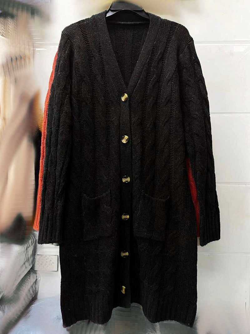 Autumn and Winter New Single-breasted Twist Pocket Solid Color Knitted Long Sweater Cardigan Jacket