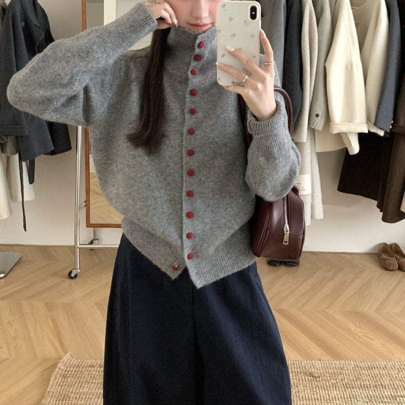 Casual Turtleneck Bag Buckle Sweater Cardigan Women's Autumn and Winter New Lazy Wind Knitted Outer Women's