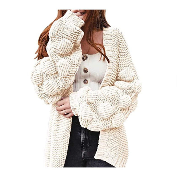 Cardigan Sweater Cross-border New Knitted Sweater Amazon Autumn and Winter Medium and Long Bubble Ball Loose Coat Women's Clothing