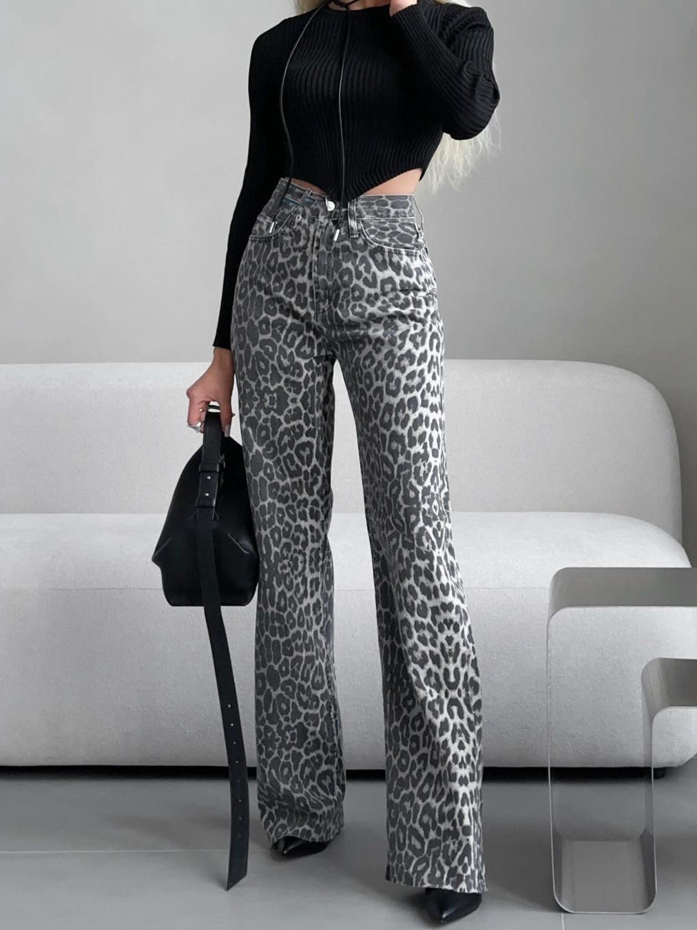 Women's Wide-leg Leopard Print Jeans Spring Summer Slim Straight Trousers Spice Girl Fashion Versatile Design