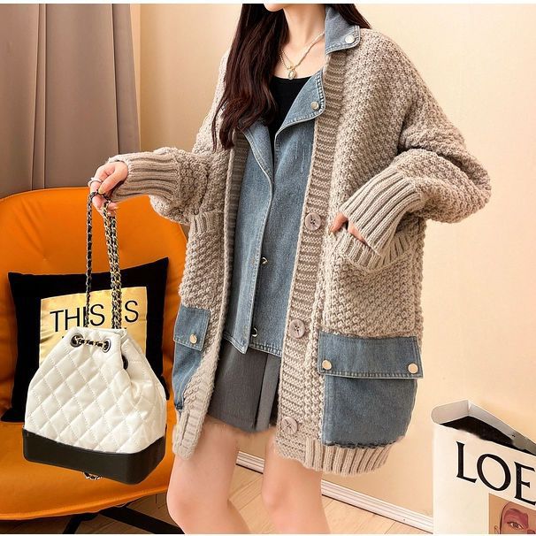 Autumn New Lazy Style Fake Two Pieces Design Loose Knitted Sweater Jacket Cardigan