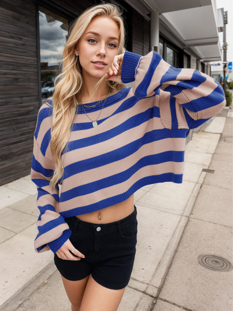 Women's Pullover Sweater Striped Loose Short Knitted Sweater New