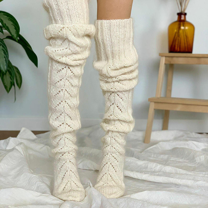 Autumn and Winter Solid Color Hollow Mesh Long Tube Knee Stacking Socks Women's Fashion Knitted Wool Socks