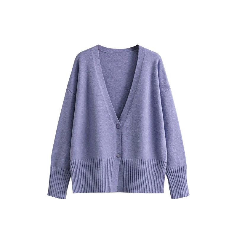 2024 autumn and winter new V-neck knitted cardigan solid color loose sweater jacket top
