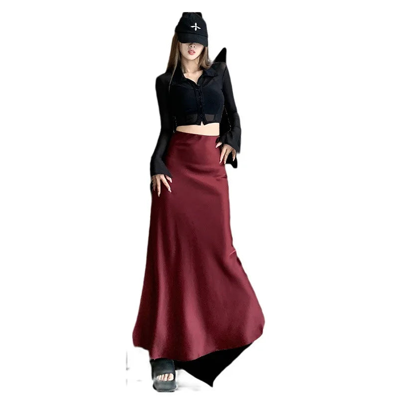 Burgundy Satin Skirt Women's Autumn Dress High Waist Thin Medium and Long Skirt Ruffle Edge Split Hip A-shaped Skirt