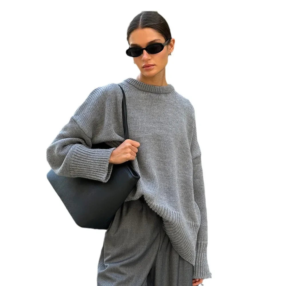 Crew neck sweater 2024 autumn and winter new solid color versatile casual lazy pullover knitted crew neck sweater